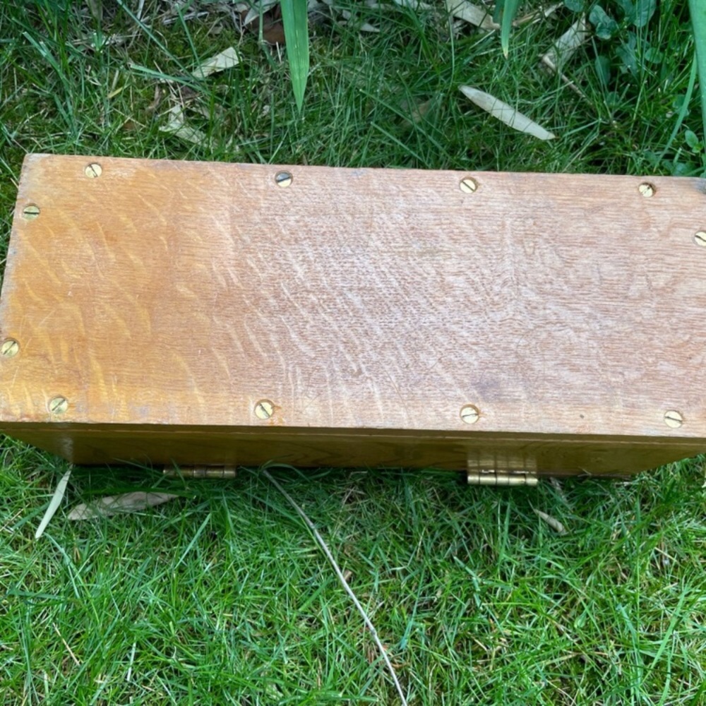 Antique Wooden Oak Box with Dovetail Joints, Brass Handles & Hooks - Picture 3 of 4
